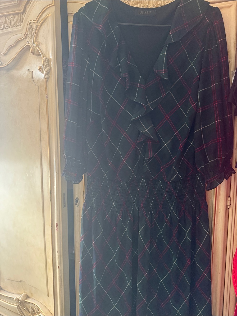 Lauren Ralph Lauren Black Plaid Ruffle-Front Midi Dress